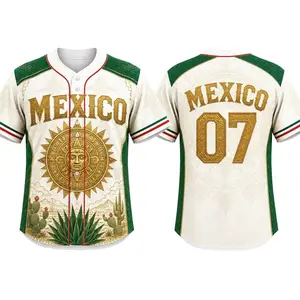 Mexico Inspired White Gold Baseball Jersey, Aztec Sun Calendar Button Down Shirt, Heritage Sports Fan Apparel