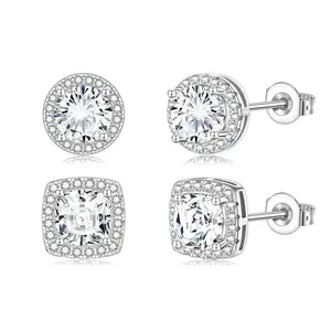 Silver Zircon Stud Earrings Set for Women, 2 Pairs Round and Square Halo Earrings, Hypoallergenic 925 Silver Posts