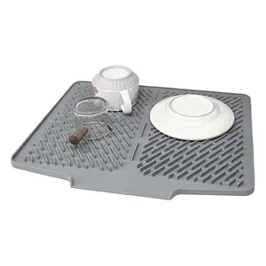 Silicone Dish Mat Non-Slip Heat-Resistant 40cm x 32.5cm Food-Grade Counter Protector Water-Proof Foldable Kitchen Sink Drying Pad for Home Countertop Fruit Vegetables Draining Coasters Dinnerware Tableware Portable Splash Cleaning outdoorfun