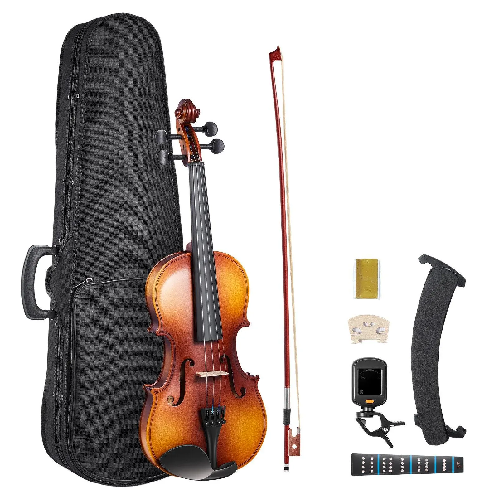3/4 Size Violin for Students & Young Adults, Complete Beginner Violin Fiddle Kit with Hard Storage Case, Bow, Rosin, Shoulder Rest, Bridge, Digital Tuner & Extra Spare Strings, Handcrafted Musical Instrument for Lessons Practice Performance