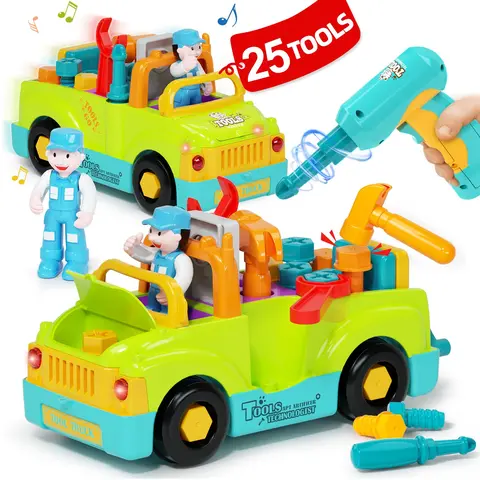 HOLA Multifunction Toddler Electric Tool Truck Toy Set - Bump&Go Pretend Play Set with 25 Tools, Electric Drill, Music Lights, Motor Activities, Unisex Developmental Gift for Toddlers Fit 2-6 Years Olds (Birthdays, Baby Christmas Gifts)