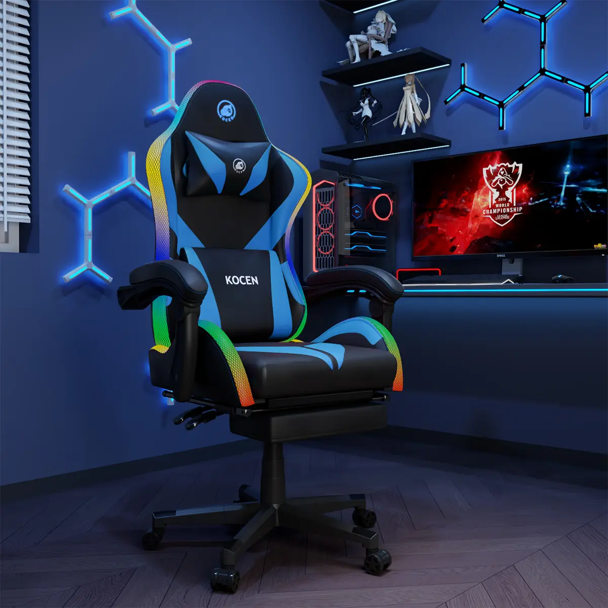 [New Year Flash Sale] KOCEN Gaming Chair , racing style RGB LED light gaming chair, equipped with a lumbar massager, high-back adjustable recliner, with footrest and headrest. Adult gaming chair, large high gaming chair,with sturdy class-4 gas lift.KC-35