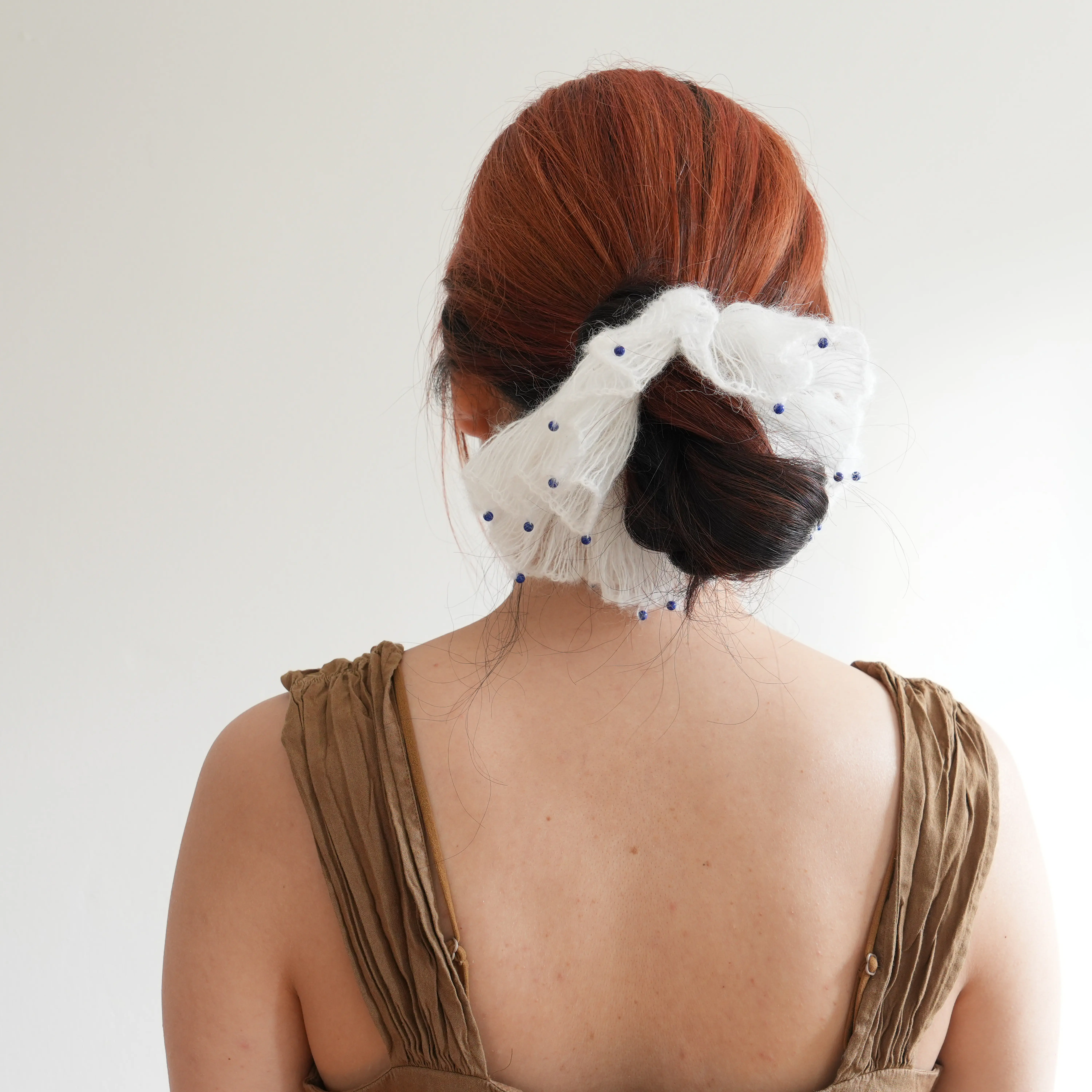 Lapis Lazuli Silk Mohair Scrunchie – Ocean Inspired Hair Tie, Natural Stone Hair Accessory