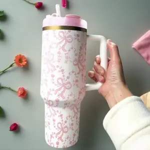 40OZ, Limited Edition Gift Box, Floral Series, Playful Bow In Winter Ice Color, Playful Bow In Chantilly, Tuscan Blue Fabric, Baby Bow In Pink Mint Green, Stainless Steel Portable Water Bottle With Multiple Color Patterns, Equipped With Straw And Handle.