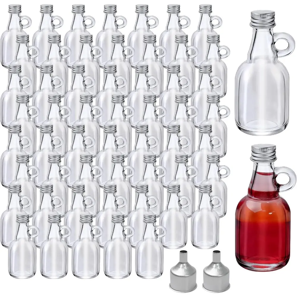 54 Pcs 1.7oz Glass Syrup Bottles with Aluminum Lids, Loop Handle, 2 Funnels, Clear Glass Reusable Maple Syrup Jars for Storage, Juice, Milk, Sauce, Oil, Potion, Liquor