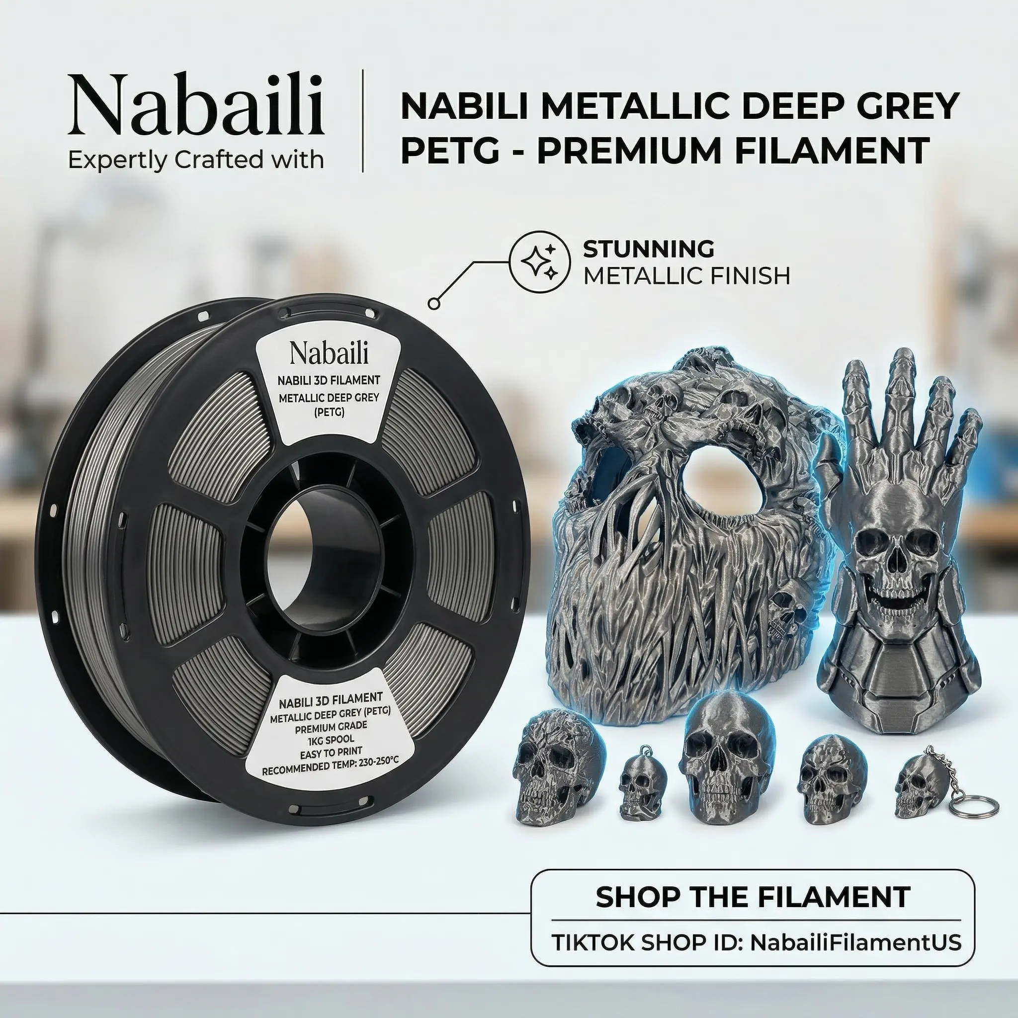 Nabaili BASIC Metallic Dark Grey PETG 3D Printer Filament, 1.75mm, 1KG (2.2lbs) Neatly Wound Spool, +/-0.02mm Dimensional Accuracy, Compatible with FDM Printers, Metallic Finish #JSSH
