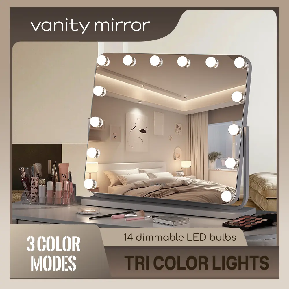 Vanity Mirror with Lights, LED Makeup Mirror with Dimmable 3 Color Modes, Touch Screen Control Vanity Based Mirror Desk Mirror Square White