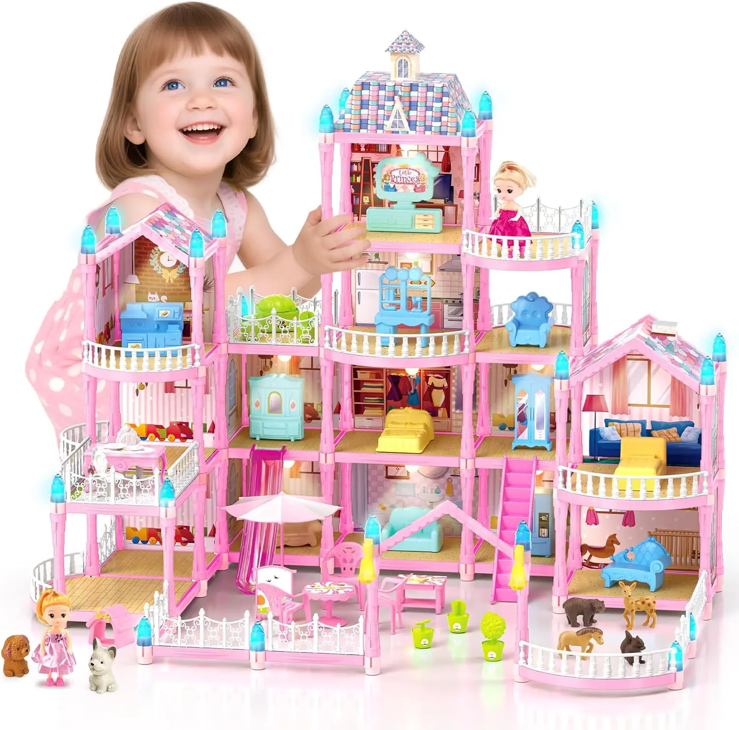 Halloween Fall Gift 4-Story Dream Doll House with 15 Rooms with 2 Dolls, and Accessories, LED Light, Dolls, Playground, Pets Playhouse Toy Gift for Girls Aged 3-13