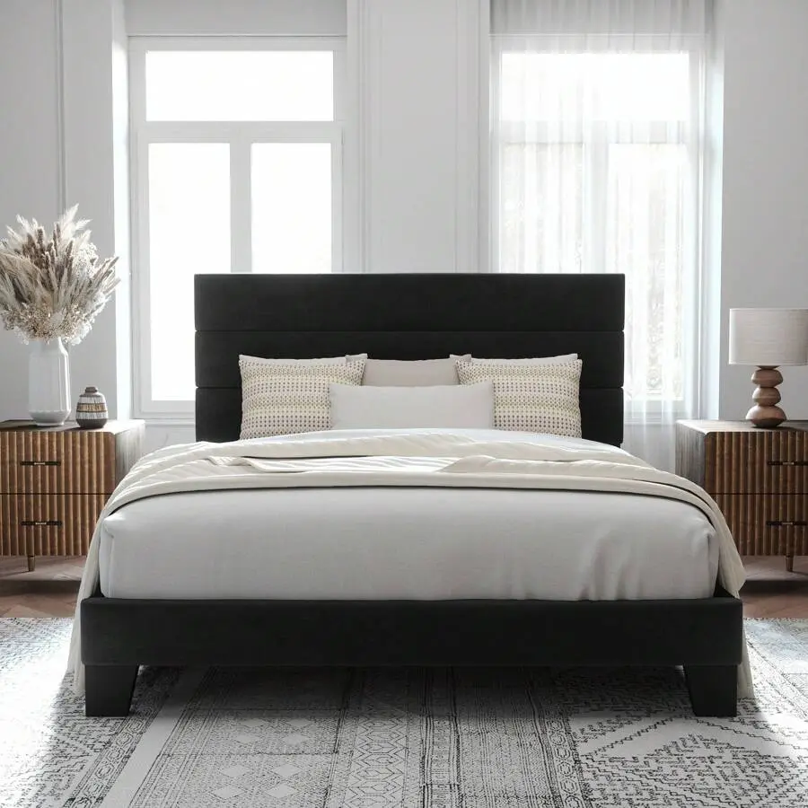 Modern Queen Size Velvet Upholstered Platform Bed Frame - Wooden Slats Support, No Box Spring Needed, Fully Upholstered Mattress Foundation, Easy Assembly (Black), Modern Platform Bed