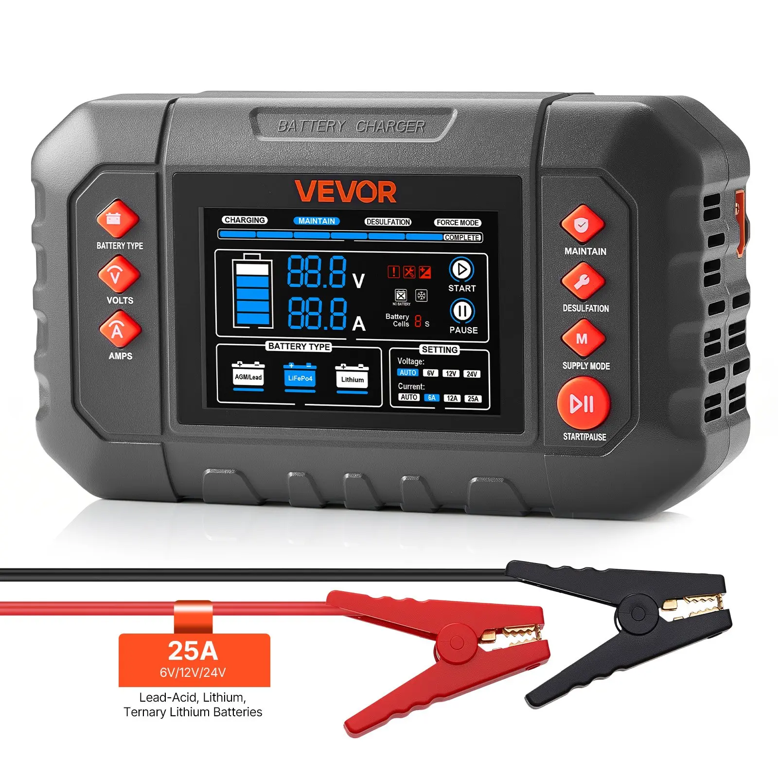 【Summerfinds】VEVOR Smart Battery Charger - 25A, 6V 12V 24V, Ternary Lithium LiFePO4 Lead-Acid (Gel/AGM) Compatible, 3.4-In LCD Display, Trickle Charge Maintainer Desulfator, ABS Automotive Tool for Car, Truck, Vehicle, Auto, Repair, Alligator Clip