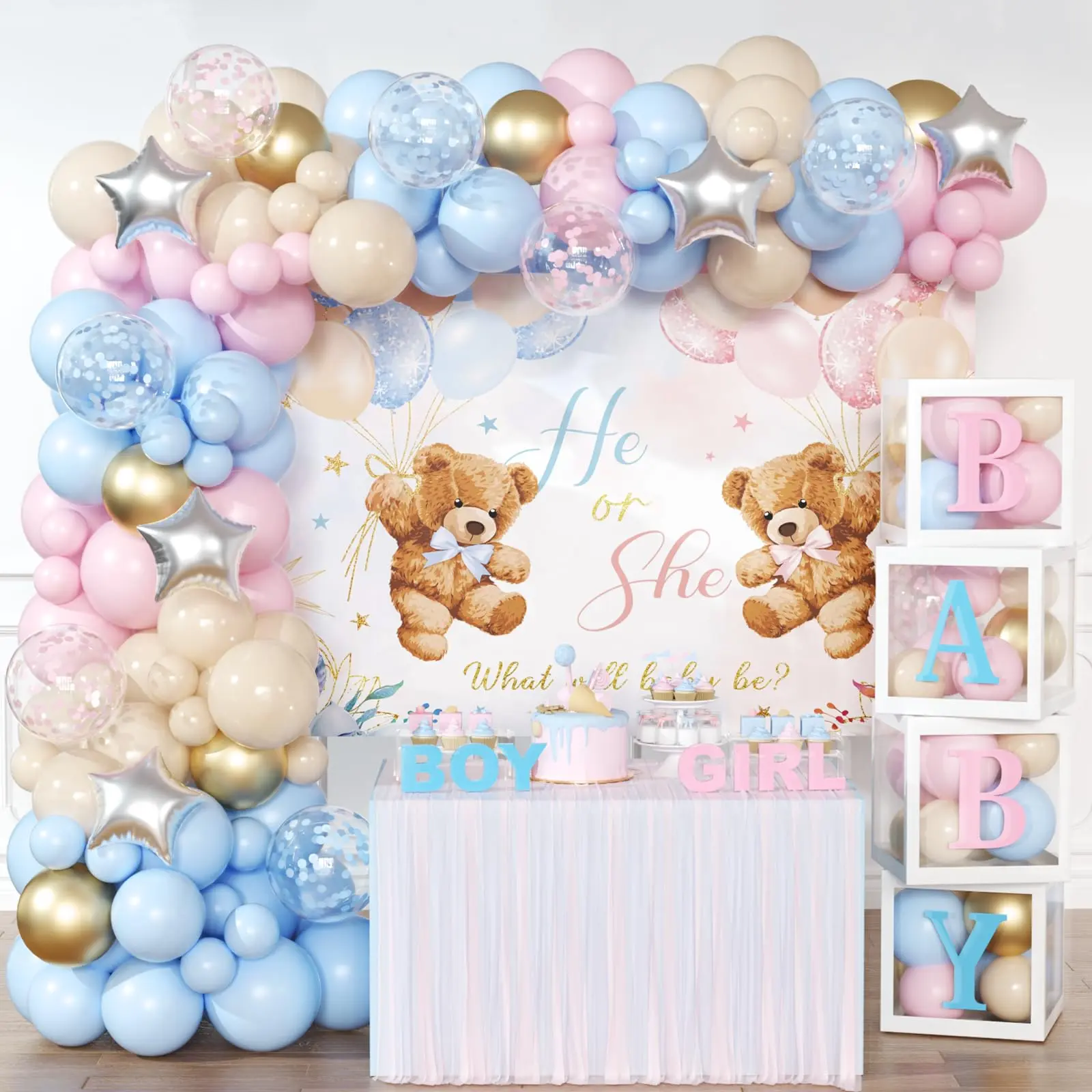 Bear Gender Reveal Decor Kit with Multi-Size Latex, Paper & Cloth Pink-Blue Balloons, Arch Frame, Baby Box with Letters & Backdrop for Baby Shower Party Supplies, Set