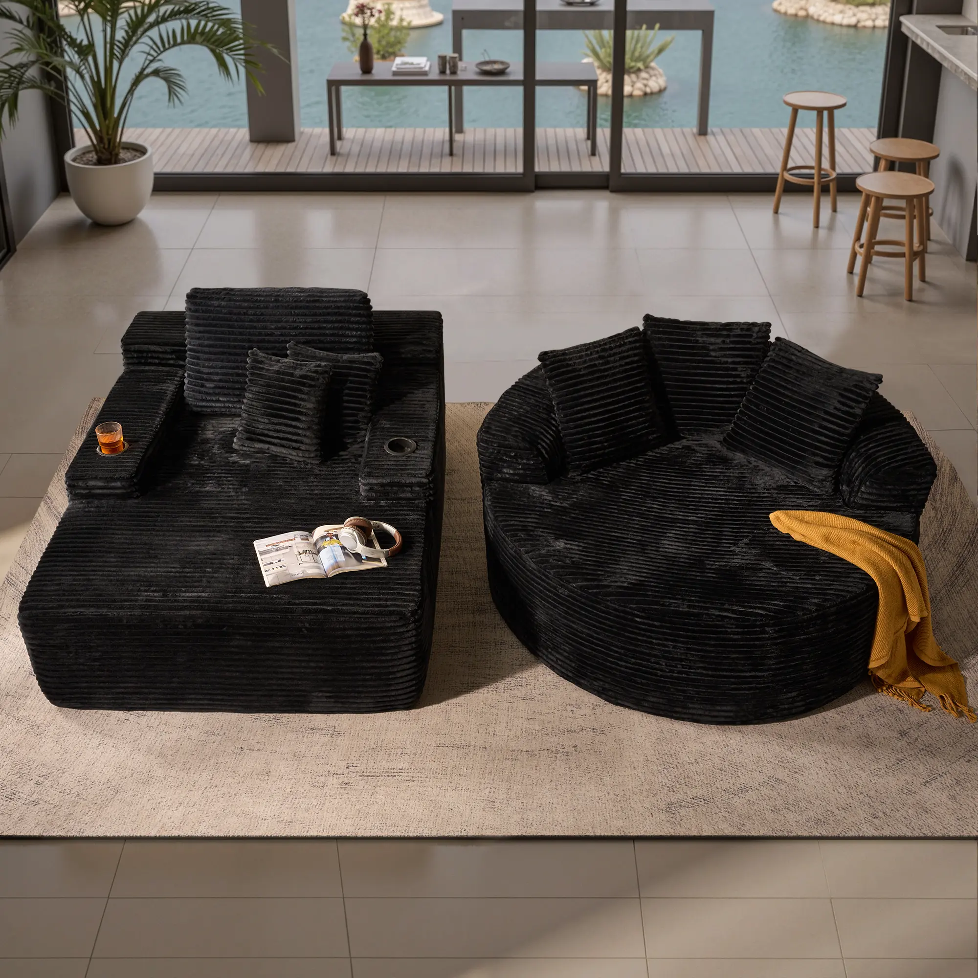 Weaxty Extra Large 49in Boneless Chaise Lounge with Cup Holders & 58in Circle Couch, Modern Upholstered Sofa Bed that Converts, with Throw Pillows & Armrests, Luxurious Plush Corduroy Pre-Assembled Indoor Living Room Chair