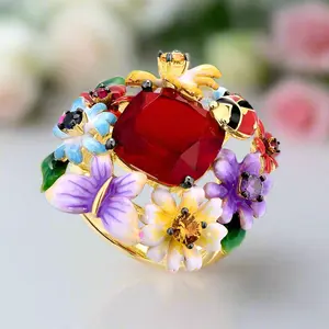 Enamel Flowers & Ladybug Ring