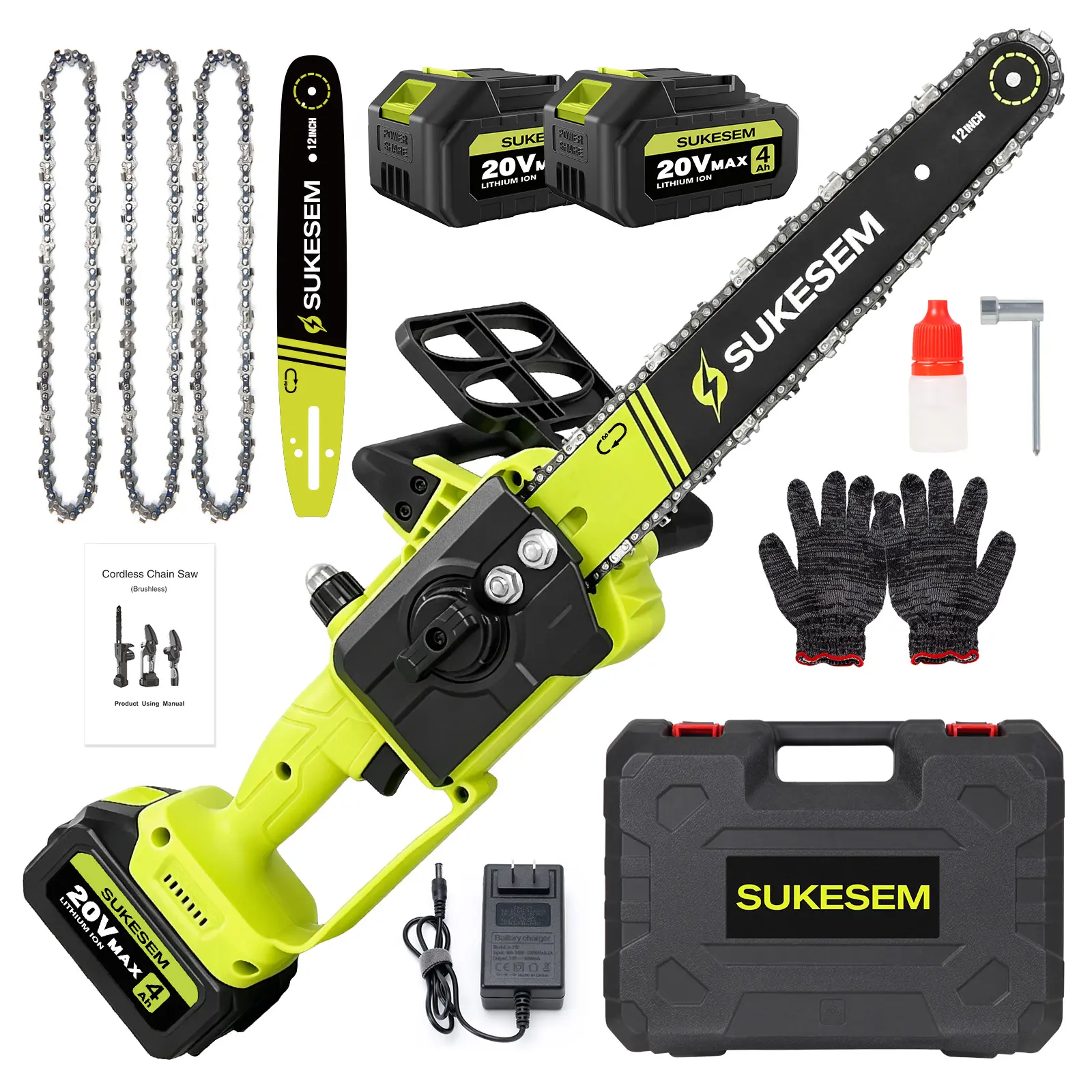 SUKESEM 12-Inch Plastic Body Cordless Chainsaw Wood Cutting Tool, 4.0Ah Lithium Battery & Charger Set Included, Tool-Free Chain Tightening, Auto Lubrication System, Compact Handheld Grip Saw for Tree Pruning