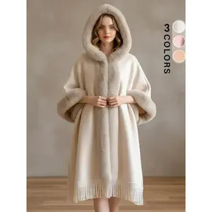 Women's Solid Color Tassel Trim Hooded Cape Shawl, Casual Warm Thick Plush Open Front Cape Shawl for Fall & Winter, Fashion Accessories for Women