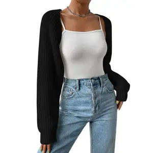 Women's Open Front Cropped Cardigan Long Sleeve Solid Color Ribbed Knit Shrug Sweater Bolero Autumn Winter Lady Tops(Raincoats)