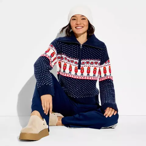 Women's Polo Collar Quarter Zip Novelty Pullover Sweater - Wild Fable