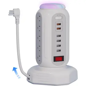 Power Strip Surge Protector Tower, 15 AC Outlets and 6 USB Ports with LED Light, Retractable Heavy Duty Extension Cord with Multiple Outlets, USB  Station with Right Flat Plug (White)