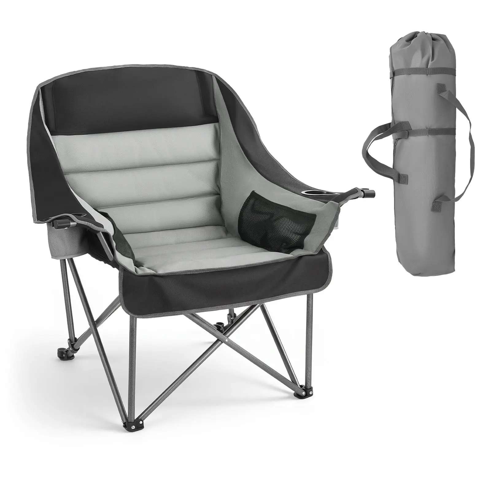 【SummerFinds】VEVOR Oversized Cotton Camping Lounge Chair, 450 lbs Heavy-Duty Support, Portable Padded Foldable Beach/Picnic Chair with Dual Cup Holders & Wine Glass Holder, Carry Bag for Outdoor Fishing, Black & Gray, 1 Pack