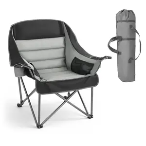 VEVOR Oversized Camping Chairs, 450 lbs Heavy Duty Support, Portable Padded Folding Camp Chairs with Dual Cup Holders & Wine Glass Holders, Carry Bag for Outdoor, Fishing, Black & Gray, 1 Pack