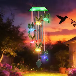 Outdoor Solar Wind Chime, Rainbow Hummingbird Color-Changing Wind Chime, 4 Metal Tubes, Music Wind Chime, Garden Decoration Gift