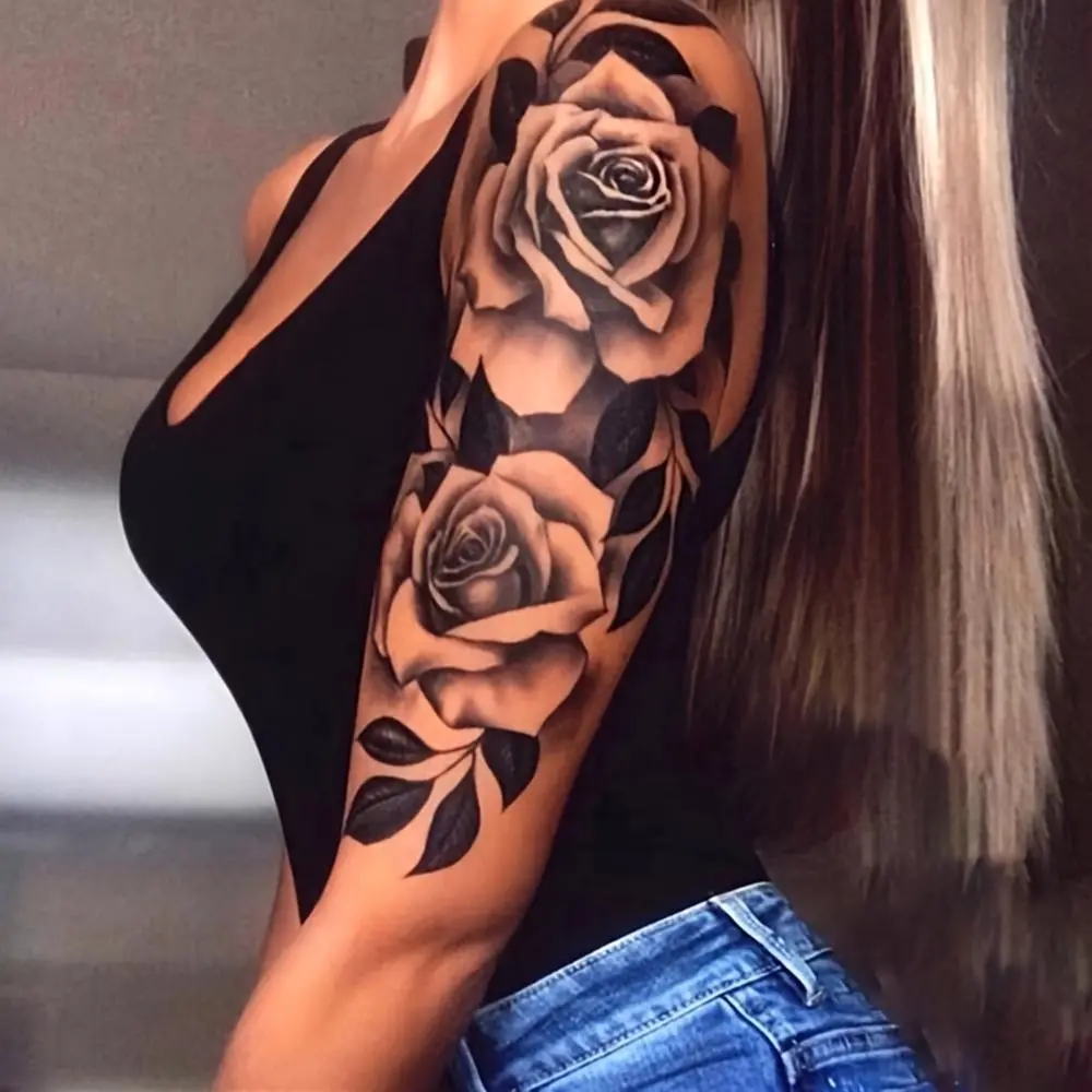 Rose Pattern Temporary Tattoo Sticker, 1 Count Waterproof Long Lasting Fake Tattoo Sticker, Body Art Sticker for Women & Men, Sticker Tattoos, Ephemeral Tattoos, Waterproof Realistic Tattoos
