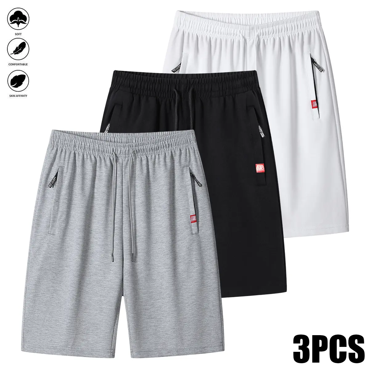 Men’s 3-Piece Fitted Casual Athletic Shorts Set - Synthetic Soft, Lightweight, Breathable Fabric, Zippered Pockets, Drawstring Waistband, Suitable for Summer Running & Everyday Wear, 3-Piece Set