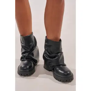 AZALEA WANG CLARKE BLACK PU SLOUCHY SHORT SHAFT COMBAT BOOTIE