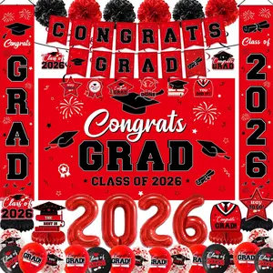 Graduation Decorations 2026, Congrats Grad Decor Kit with Banner, Backdrop, Door Banners, 2026 Foil Balloons, Pom Poms & Swirls, Class of 2026 Party Supplies(Red)