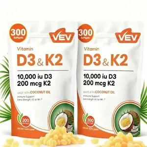 2-in-1 Healthcare Vitamin D3 10000 IU & K2 (MK-7) 200 mcg Supplement with Virgin Coconut Oil, 300 Softgels for Immune Support