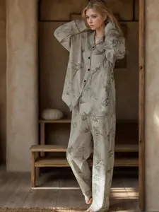 Women's Autumn Pajama Set, Fitted Long Sleeve Shirt and Pants, Plant Print Casual Homewear, Loungewear, Comfortable Sleepwear for Relaxation