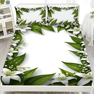 Fitted Sheet 3-Piece Set - 2D Flat Printing Spring-themed White Lily and Green Leaf Pattern Mattress Covers, Available in 10 Sizes (1 fitted sheet + 2 pillowcases, no insert). skin-friendly and breathable bedding, suitable for family bedrooms .