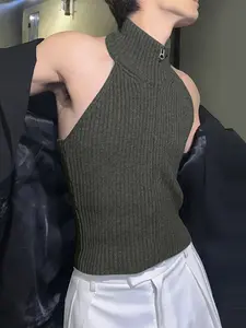 Men's Solid Color Sleeveless Vest, Knit Texture Halter Neck Zipper Design, Ideal Gym Wear, Casual Summer Top, Comfortable Fit