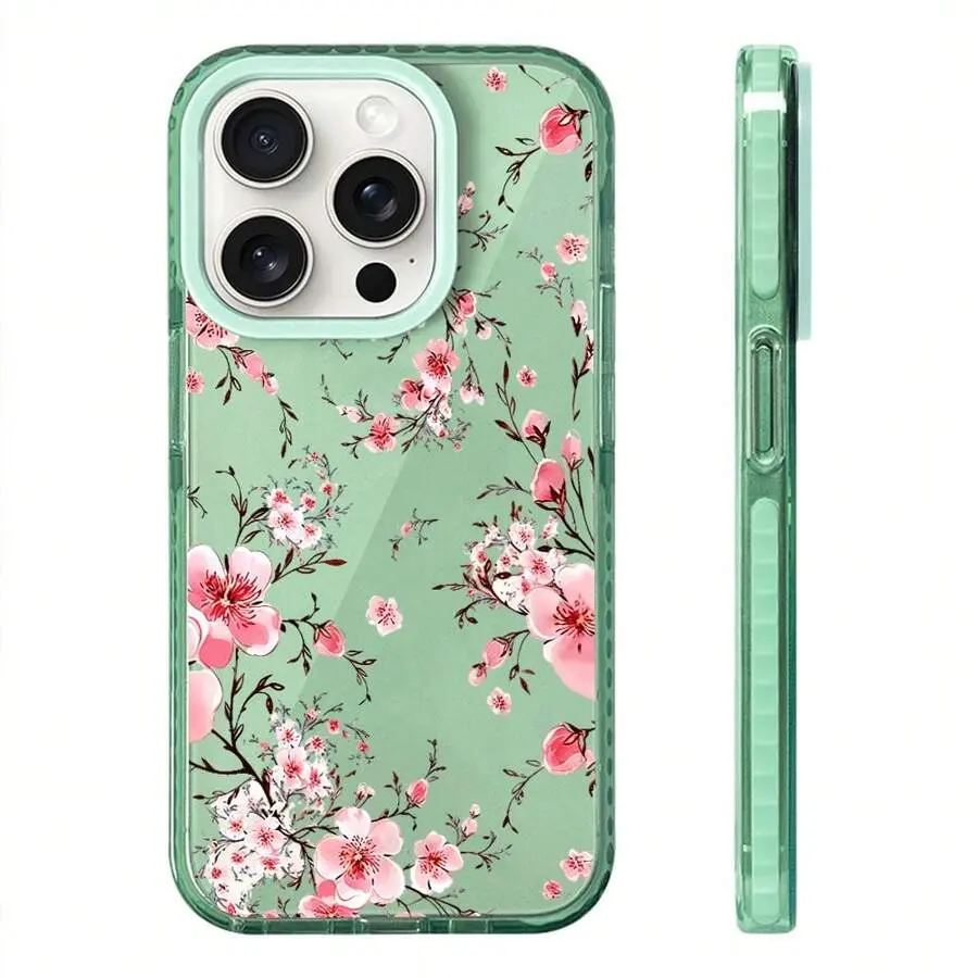 Sage Green Cherry Blossom Clear Phone Case, Pink Spring Floral TPU Anti-Yellowing for iPhone 17 16 15 14 13 12 11 X Plus Pro Max, Garden Lover Gift