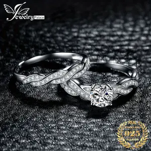 2 Pieces/Set 925 Sterling Silver Classic Elegant Infinity Knot Design Round Cut Diamond Decorated Silver Wedding Ring Engagement Ring Women Bride Set Ring Band Stackable Exquisite Jewelry