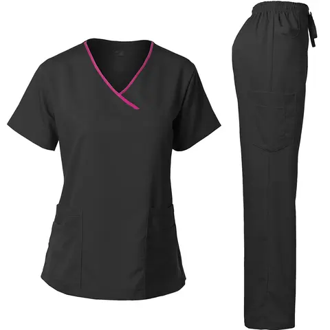 DAGACCI Natural Stretch Women's Contrast Y-Neck Scrub Sets [NS2104]