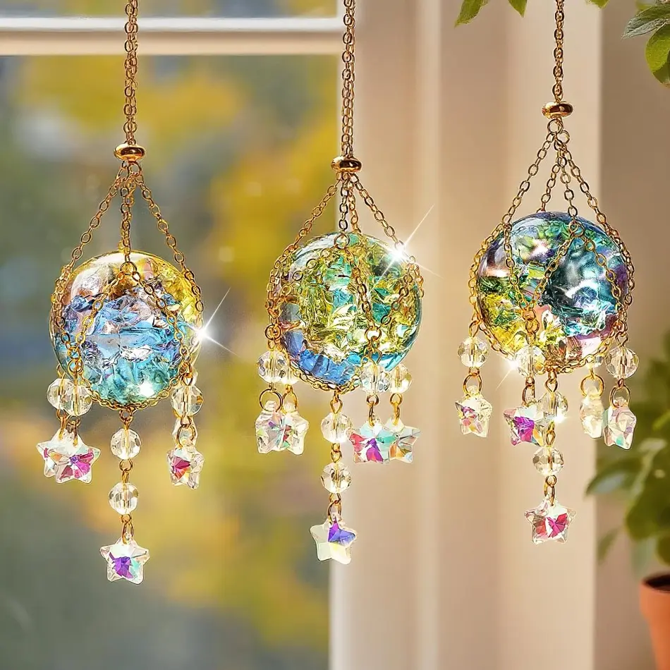 DIY Bag Accessory and Sun Catcher Kit, Natural Crystal Stone Celestial Pendant, Glittering Wind Chimes for Window Wall Hanging, Artistic Festival Gift, Artistic Decoration, Hangable, Indoor Window, Polyester