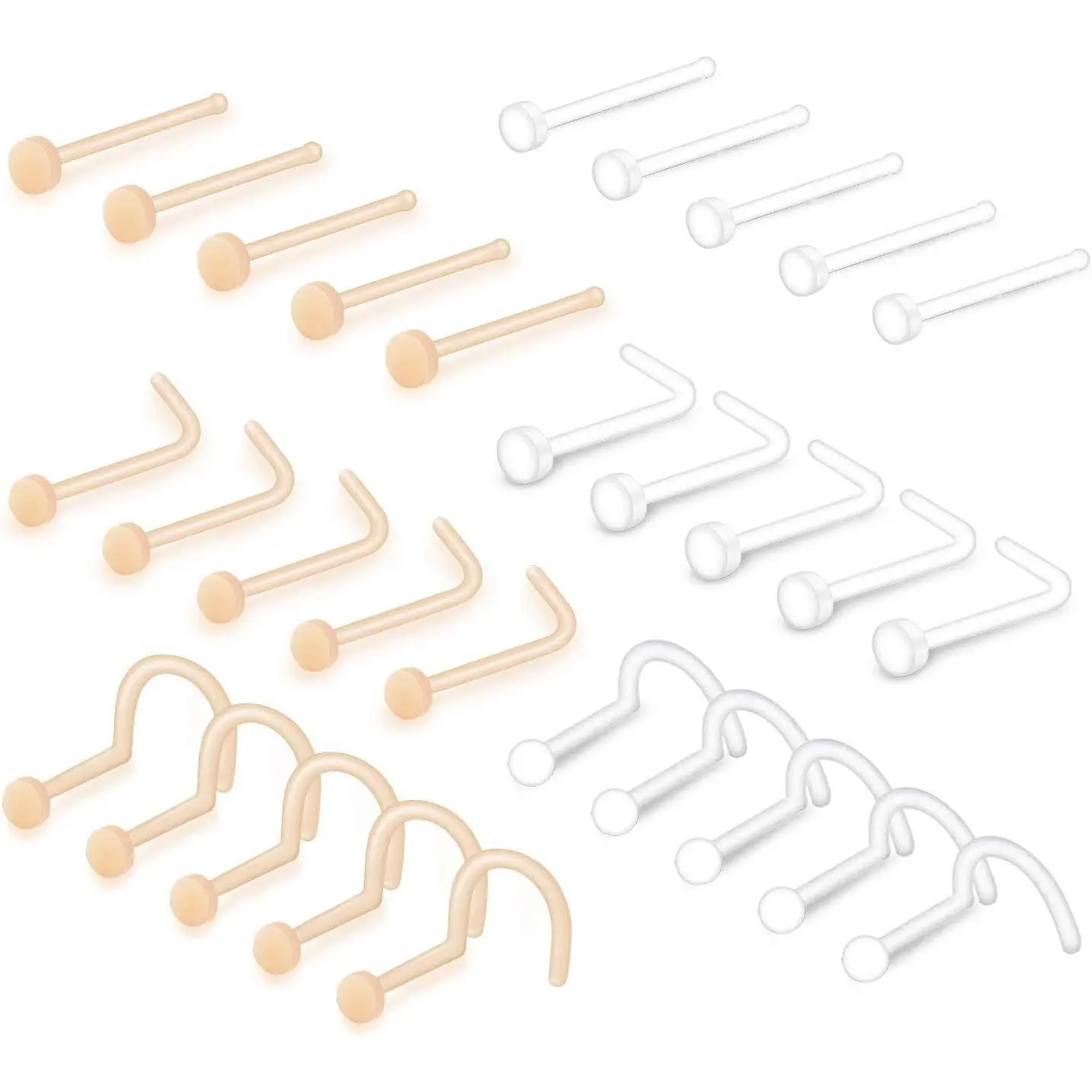 Clear Nose Rings Studs L Shape Piercing Retainer Flexible Nose Bone Flesh Skin Color Nostril Piercing Retainer for Work 18g 20g Flat Top