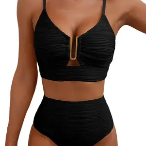 Women's Yabe High-Waist 2-Piece U-Wire Bikini Set - Cutout, Textured Tummy Control, Elastic Fabric, Halter Metal Decor Swimsuit for Women, 2026 Trending for Beach, Pool Water Sports