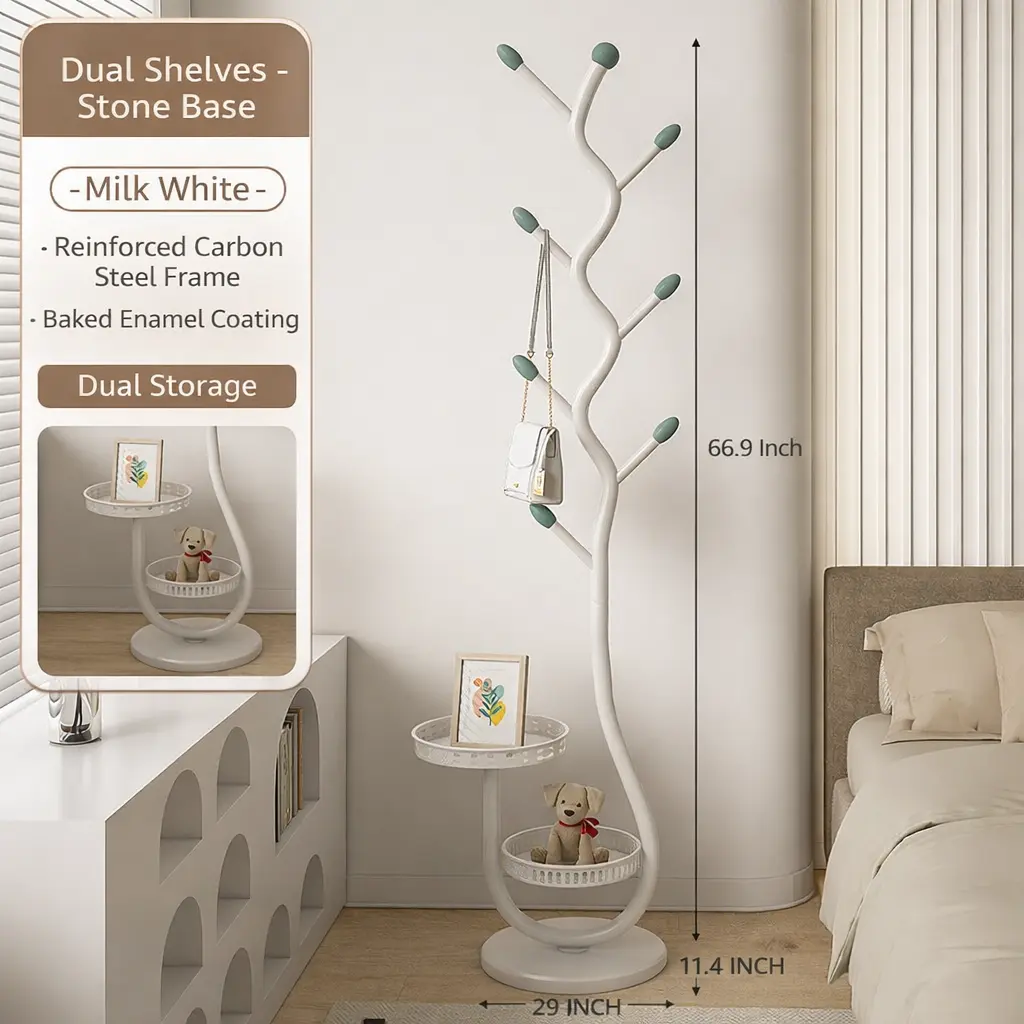 Space-Saving Coat Rack with Storage Tray, Heavy-Duty White & Gold Clothes Tree Stand, Multi-Level Jacket & Bag Organizer for Entryway, Bedroom, Dorm