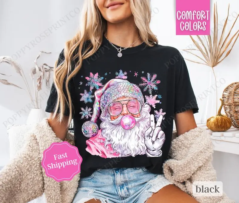 Sparkle Santa Shirt Comfort Colors, Preppy Christmas Tshirt, Womens Holiday Tee