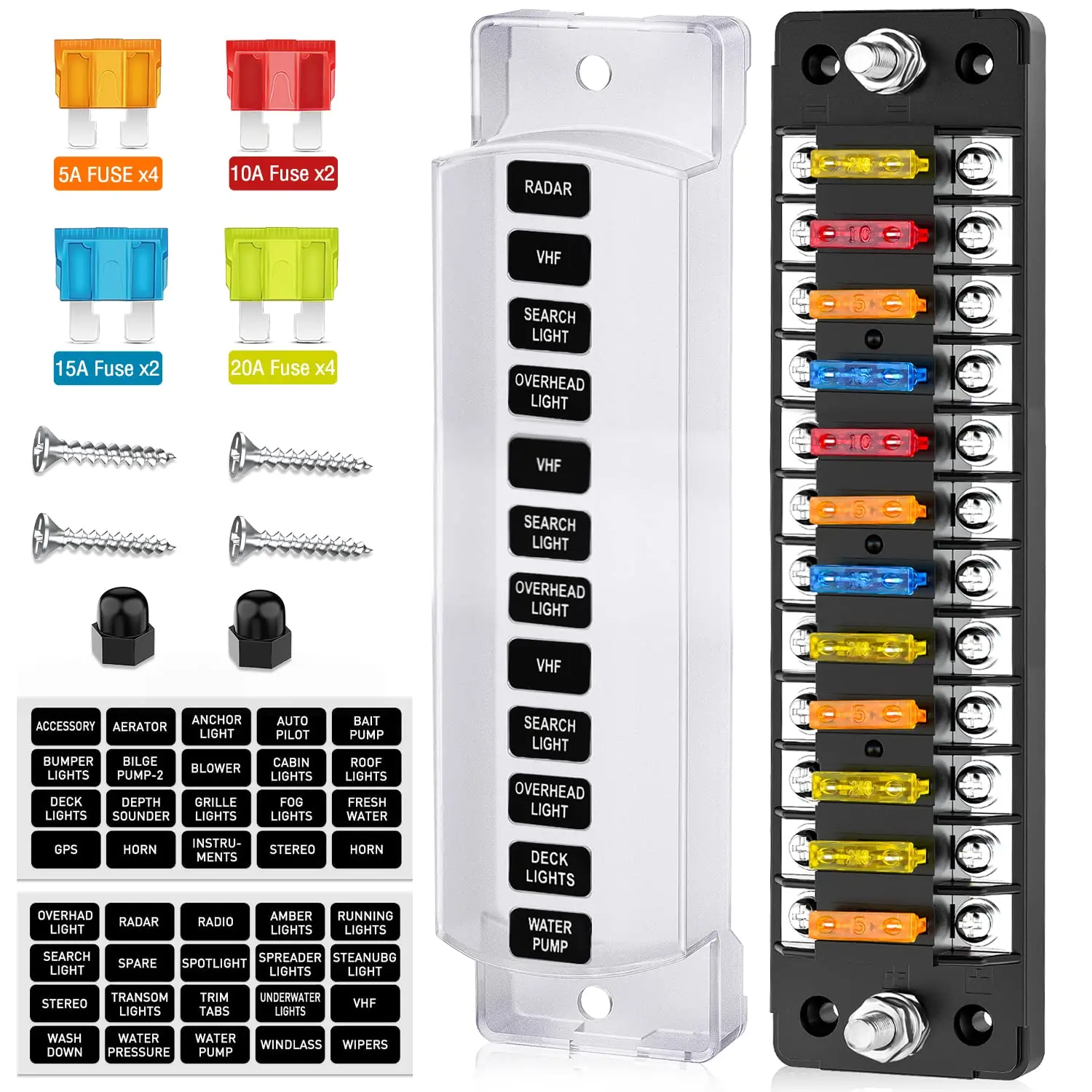 Nilight Marine-Grade Stainless Steel & Nickel-Clad Copper 12-Way Fuse Block with Negative Bus, 10V-32V ATC/ATO Blade Holder, Waterproof Dustproof Box, Extra Accessories for Automotive Cars, DC Power Supply Accessory with Easy Wire Connection
