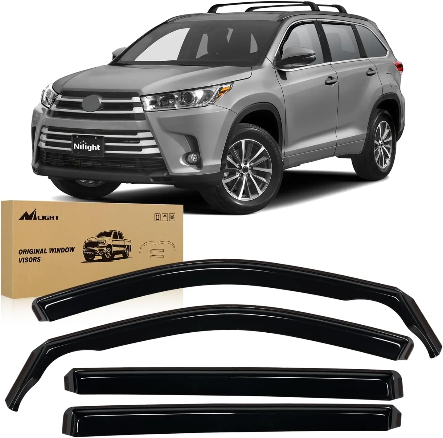 Nilight Chrome Trim Acrylic Car Rain Guards - 4PCS Tool-Free Vent Window Deflectors for Toyota Highlander 2014-2019, Auto Accessories with Tape + Clips Keep It Secure, Anti-Fog Vehicle Exterior Accessory for Rain Deflection