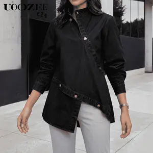 UOOZEE Women's High Neck Long Sleeve Cotton Blend Button Blouse - Comfortable, Lightweight, Asymmetric Hem, Loose Fit, Chic Minimalist Camisole-Layerable Top for Spring, Autumn, Street Style, Evening (Size Down for Slim Look)
