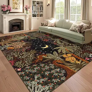 Washable Jungle Rug Non-slip Stain-resistant Large Area Rug with Botanical and Animal Prints for Living Room Nursery