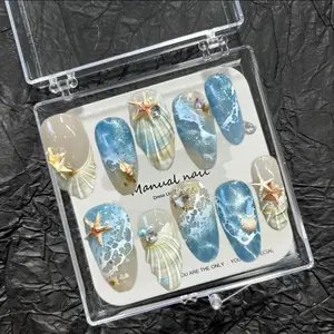 Summer Ocean Vacation Nail Art Set, 30 Pieces Beach Style Painted Wave Star Shell Rhinestone Detachable Nails, Press-On False Nails for Women