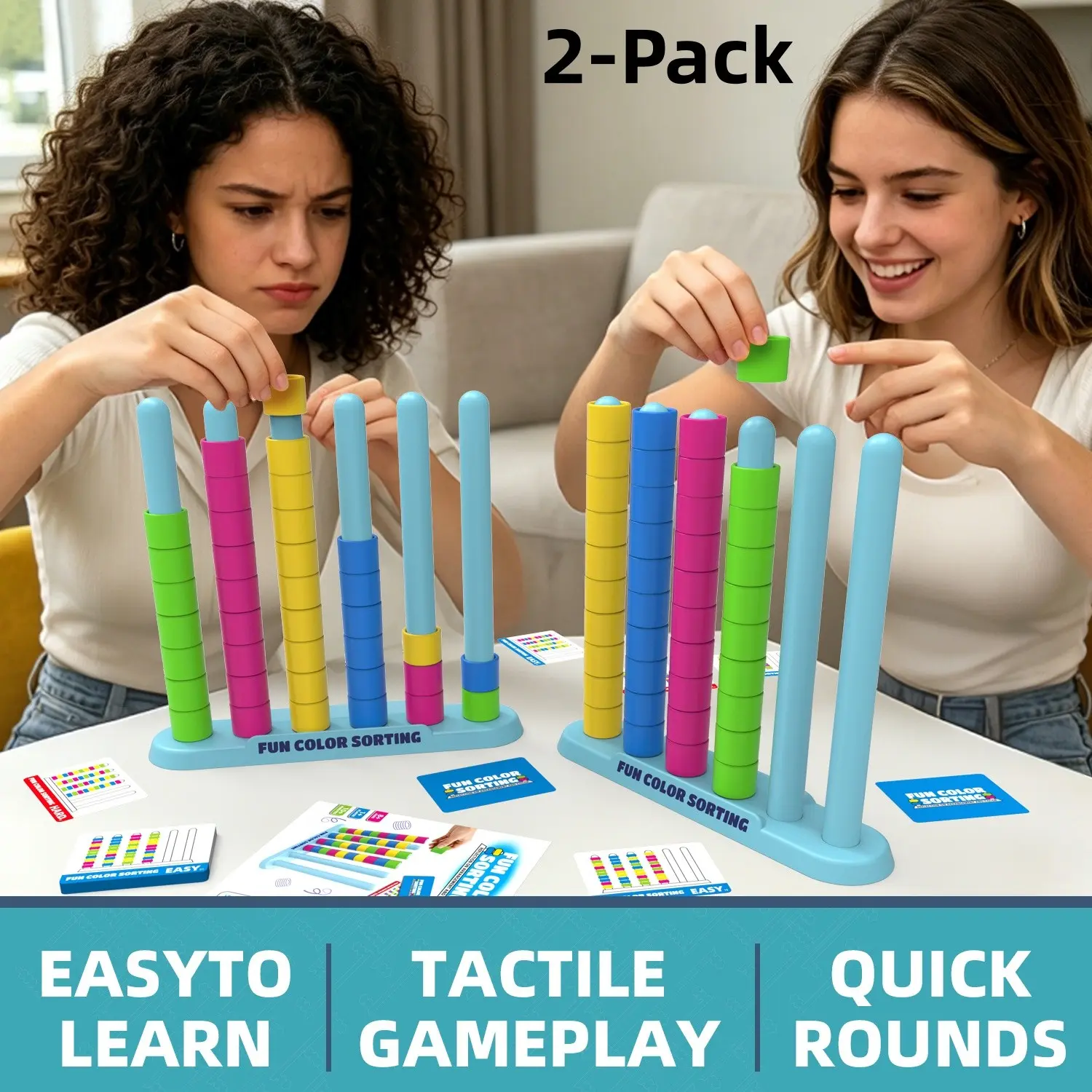 (2-Pack)Color Stack Challenge – Easter Basket Stuffers for Kids, A Fast-Paced Color Matching Puzzle Game, Stacking Game for Fun Easter Family Game Night, Includes 2 Stack Racks, 50 Challenge Cards, & 80 Rings