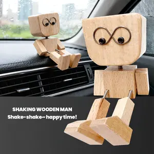 Funny Shaking Wooden Man Car Dashboard Ornament, Handmade Wooden Doll with Wobbly Legs & 12 Magnetic Expressions, Cute Desktop Decor