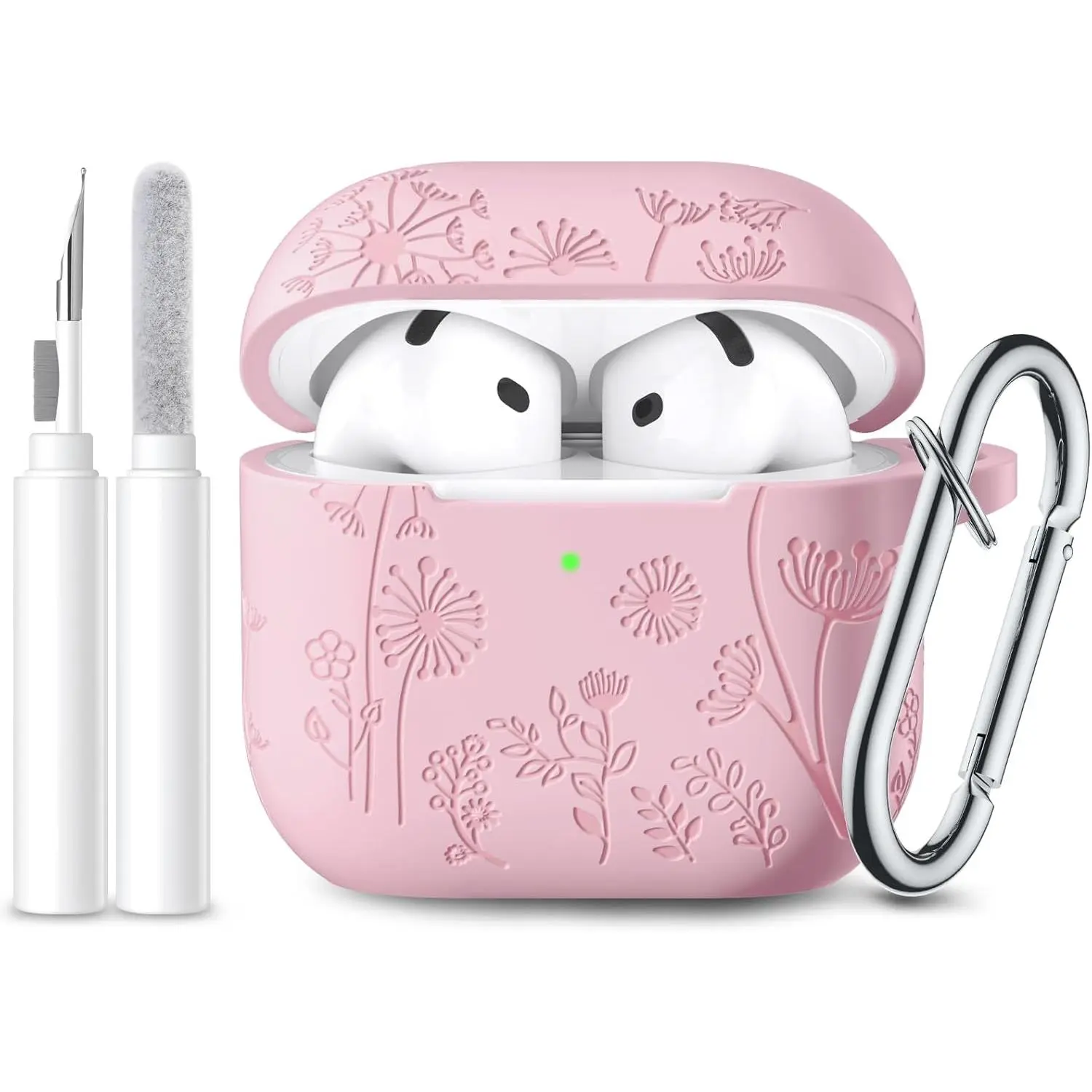 AirPods 4 Case Cover with Cleaner Kit, Cute Flower Engraved Silicone Protective Case Compatible with Apple AirPods 4 (2024), Shockproof Protective Cover for Women and Girls with Keychain and Cleaning Kit Accessories