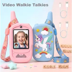 WTA01 Rechargeable 2‑Pack Video Walkie Talkies for Kids — Handheld Video Intercoms with Cute Dinosaur & Unicorn Silicone Cases, Outdoor/Indoor Family Adventure Toys for Camping, Hiking, Playdates, STEM/Screen‑Free Fun Ages 3–12 (Blue & Pink)